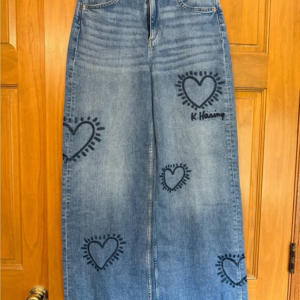 H&M Blue Keith Haring Heart-Patterned Wide Leg Jeans - Picture 1 of 10